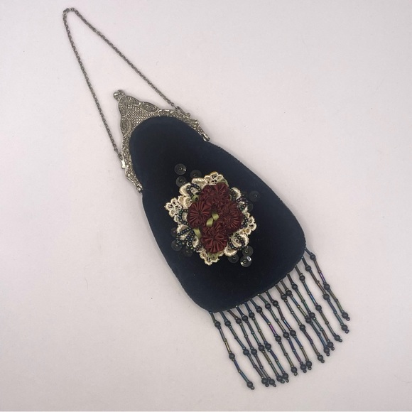 Vintage Handbags - Vintage Gothic Victorian Revival Black Velvet Mini Purse / Handbag With Rosettes
